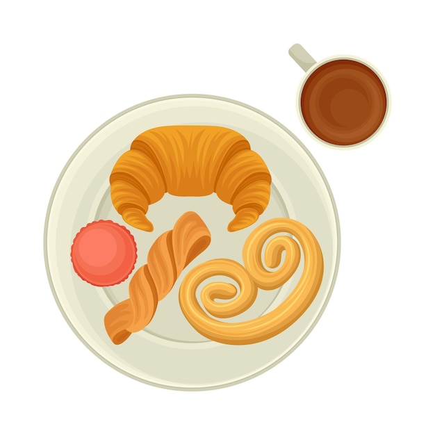 Pastelería francesa con café para el desayuno Ilustración vectorial