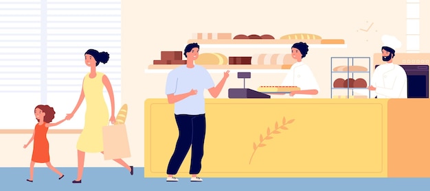 Pasteleria. Interior de la tienda de pan pequeño, hombre mujer comprar bocadillos Personajes de clientes de panaderos planos. Ilustración de vector de negocio de vendedor de alimentos. Tienda de pan y panadería con clientes.