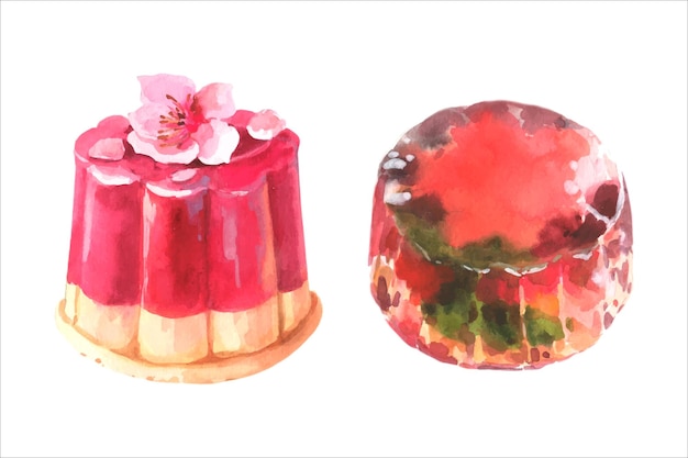 Pastelería japonesa acuarela, flor comestible Sakura en gelatina, wagashi.