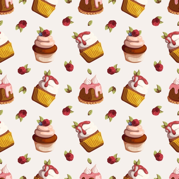 Pasteles con bayas de crema y merengue diseño de patrón sin costuras de Vector