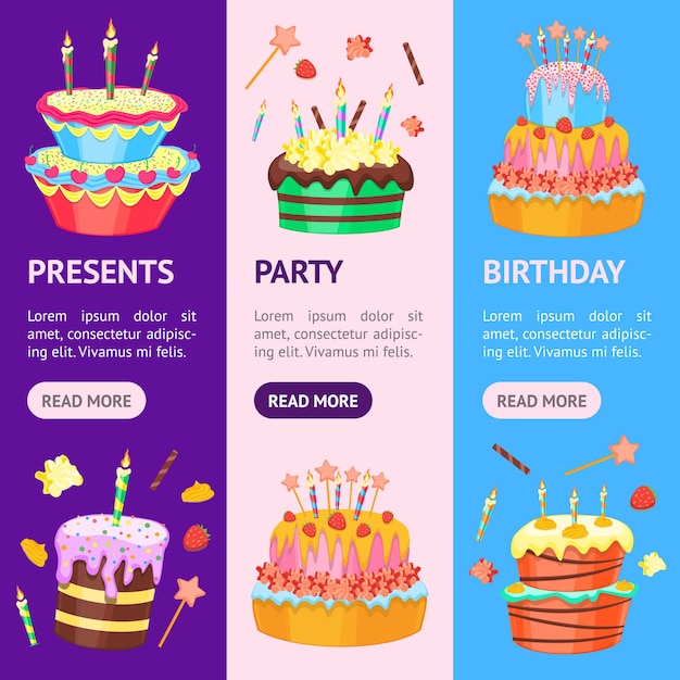 Pasteles de color de dibujos animados Banner Vecrtical Set Vector