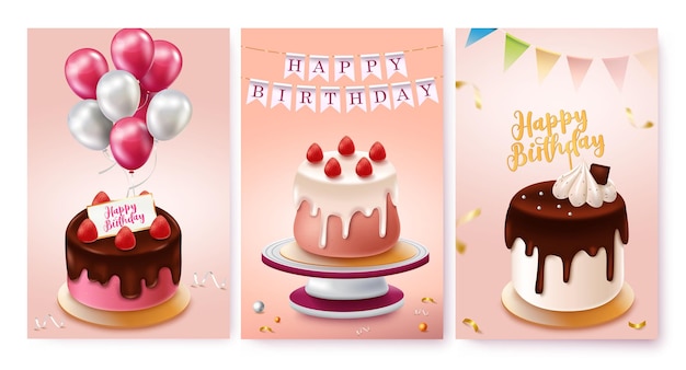 Pasteles de cumpleaños vector poster set Feliz cumpleaños saludo en decoración de pasteles con globos banderines