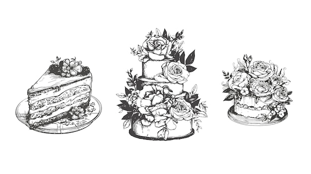 Pasteles decorados con rosas y flores en blanco y negro Un boceto dibujado a mano resaltado en un fondo blanco Ilustración vectorial