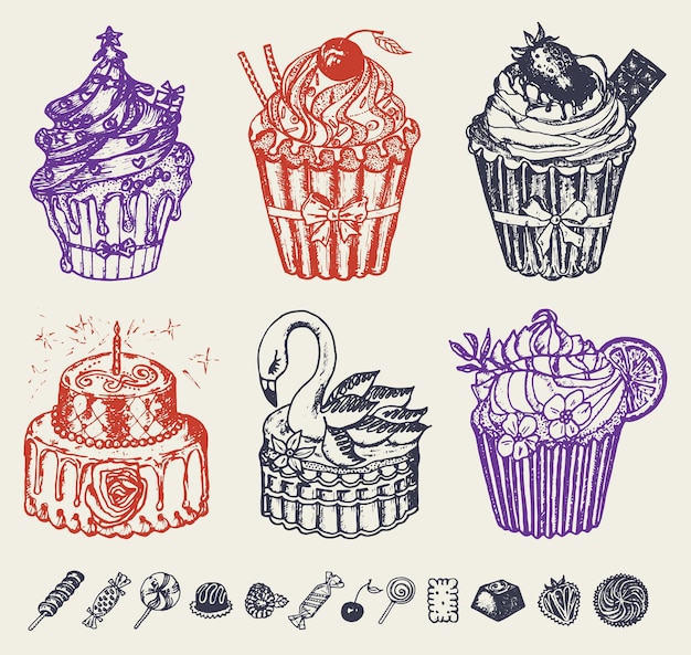 Vector pasteles dulces en estilo vintage pastelería sabrosa estilo retro doodle ilustración vectorial productos de panadería