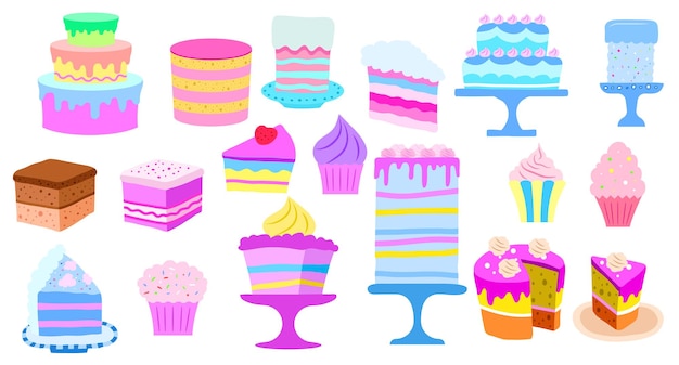 Pasteles pasteles dulces y postres magdalenas y pasteles con crema deliciosos pasteles con glaseado en un estilo plano de dibujos animados Ilustración vectorial para cocinar su diseño y tarjetas navideñas