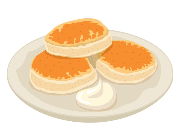 Vector pasteles de queso panqueques de queso syrniki panqueques sabrosos con crema agria ilustración en color de estilo plano