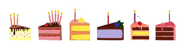 Pasteles rebanadas con velas conjunto de pasteles para postales y pegatinas ilustrador vectorial aislado sobre fondo blanco