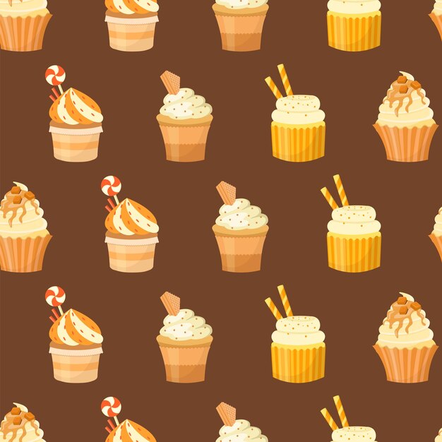 Pastelitos decorados con dulces, gofres, tubos. Patrón sin fisuras.
