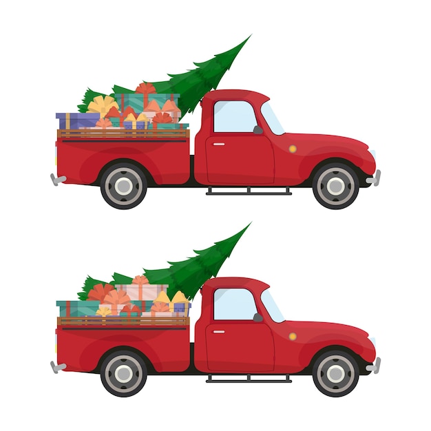 Pastilla roja. Camioneta vintage con árbol de Navidad y regalos en el maletero. Coche de Navidad retro.