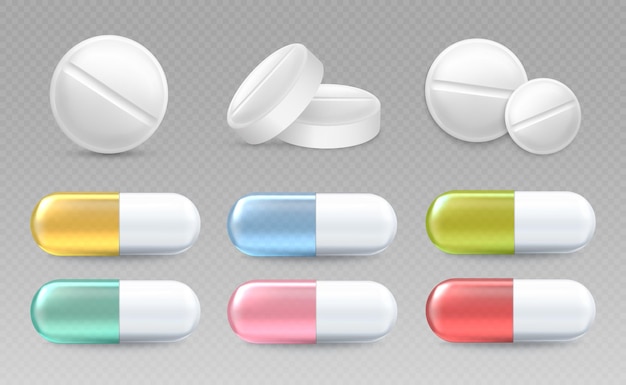 Pastillas comprimidos y medicamentos cápsulas realistas medicamentos antibióticos anticonceptivos aditivos
