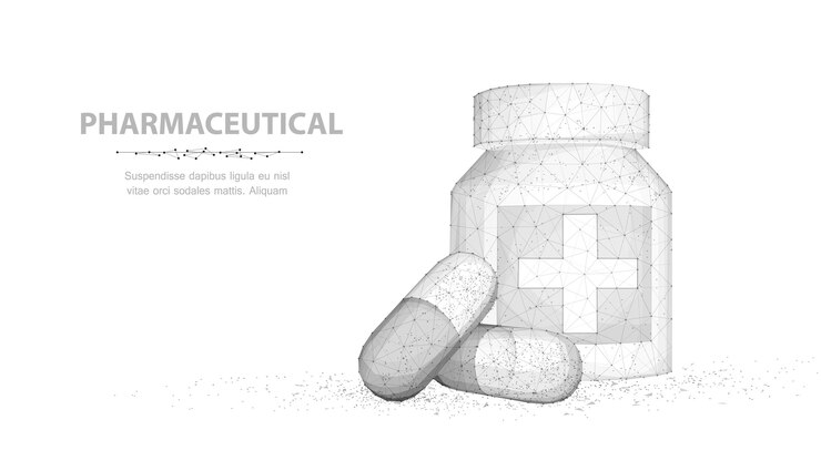 Pastillas Ilustración 3D abstracta dos pastillas de cápsula cerca de la botella aisladas sobre un fondo blanco