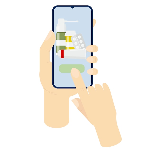 Pastillas en la pantalla del teléfono inteligente en las manos Ilustración vectorial plana para farmacia y pedido de medicamentos