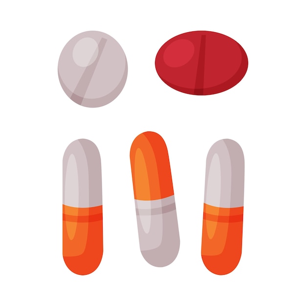 Pastillas y pastillas médicas Suministros de medicamentos para el tratamiento de la salud Kit de primeros auxilios médicos Elemento Ilustración vectorial en fondo blanco