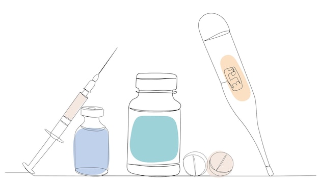 Pastillas termómetro jeringa un dibujo de línea continua