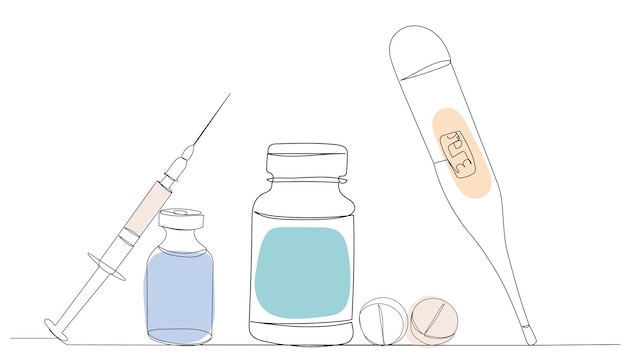 Pastillas termómetro jeringa un dibujo de línea continua