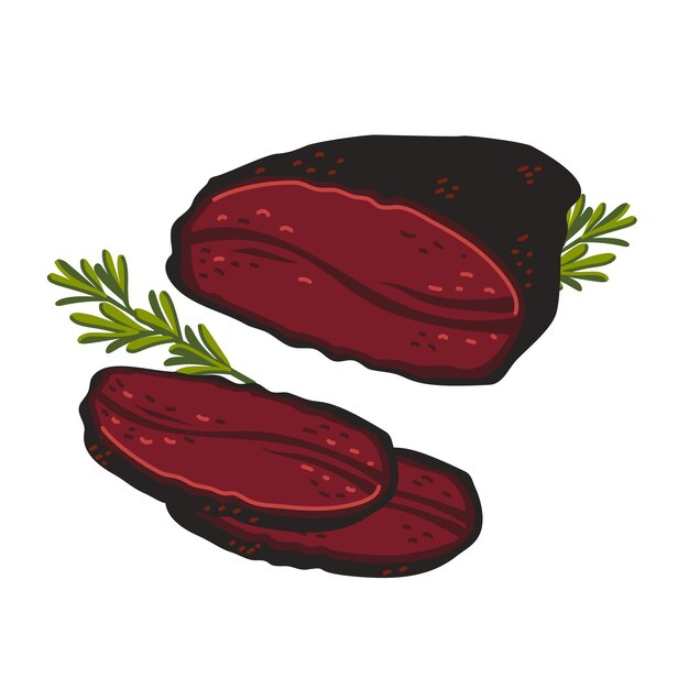 Pastrami Carne delicatessen sobre fondo blanco Rebanadas de carne de res ahumada italiana Ilustración vectorial de estilo plano simple
