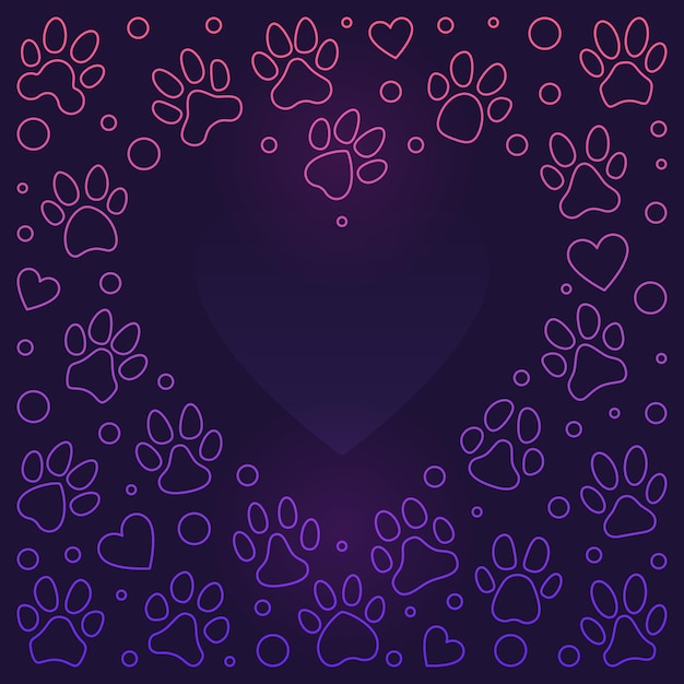 Pata de mascota imprime fondo de vector de marco colorido en forma de corazón