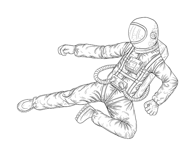 Patada de astronauta en pose de karate ilustración de vector dibujado a mano