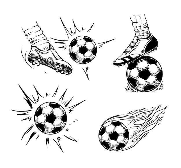 Patada de una pelota de fútbol pelota deportiva ilustración vectorial monocromática dibujada a mano boceto