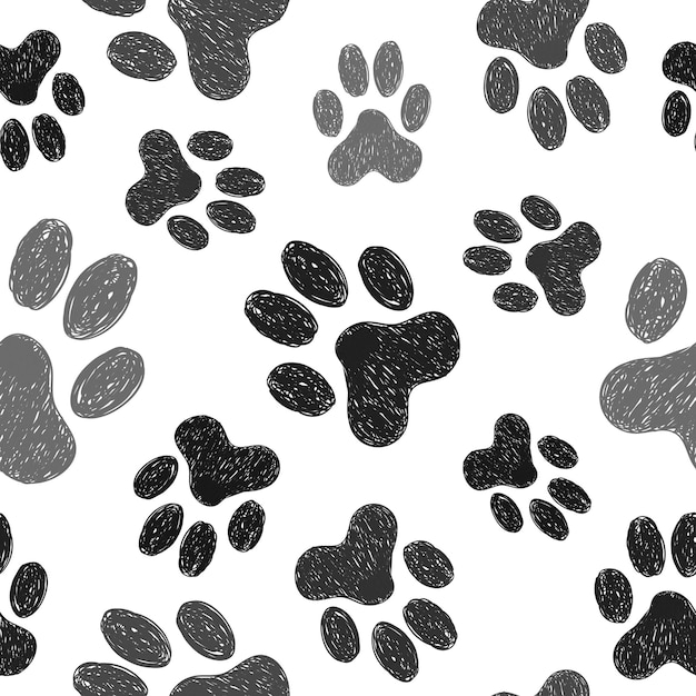 Las patas imprimen un patrón sin costuras, el fondo vectorial con las patas de los perros garabateados.