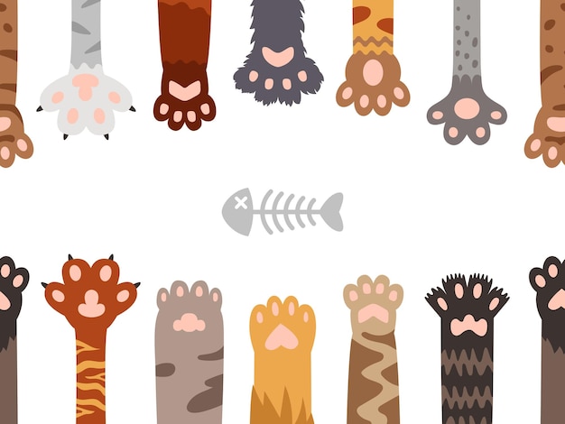 Vector patas para mascotas mascotas pie gato pata de tigre y esqueleto de pescado animales huella banner gatito perros pies dibujos animados piernas elegante vector patrón sin costuras diseño de borde