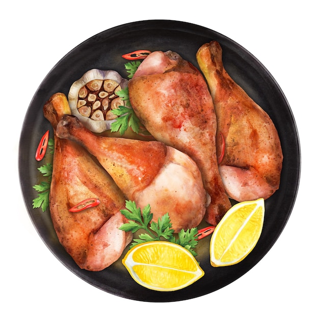 Patas de pollo picantes fritas servidas con limón en un plato negro Ilustración en acuarela