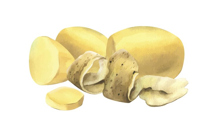 Vector patatas blancas enteras cortadas a la mitad peladas y cuñas acuarela ilustración dibujada a mano sobre el tema de