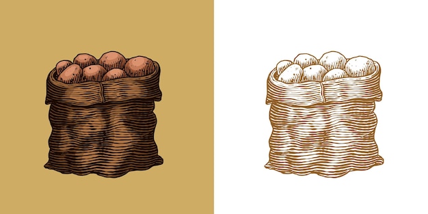Patatas en una bolsa dibujada a mano un saco lleno de verduras frescas comida patata o pratie piezas grabadas