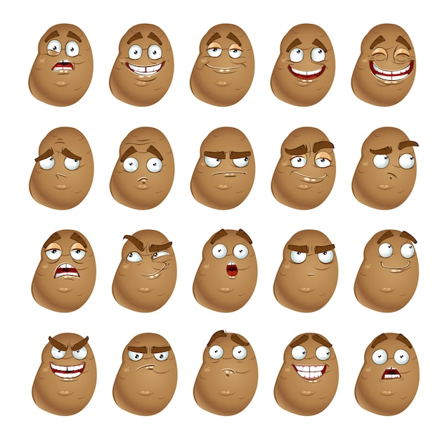 Patatas de dibujos animados lindo vector sonrisa con muchas expresiones