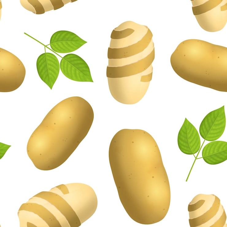 Vector patatas enteras 3d detalladas realistas fondo de patrones sin fisuras de cáscara torcida sobre un producto natural fresco raíz sin pelar cruda madura blanca ilustración vectorial de patata