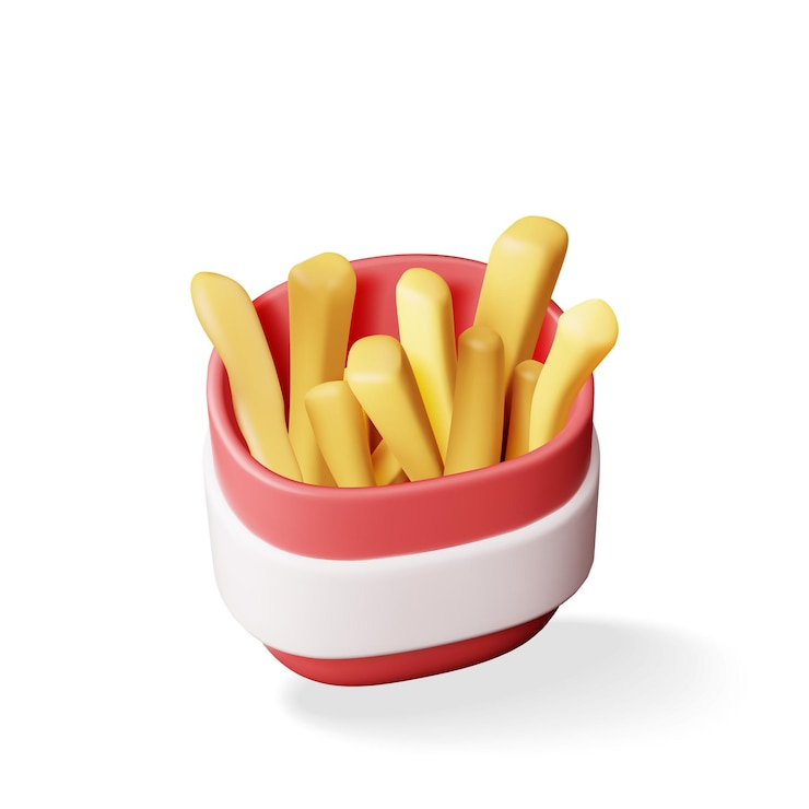 Vector patatas fritas en 3d en una caja de papel rojo