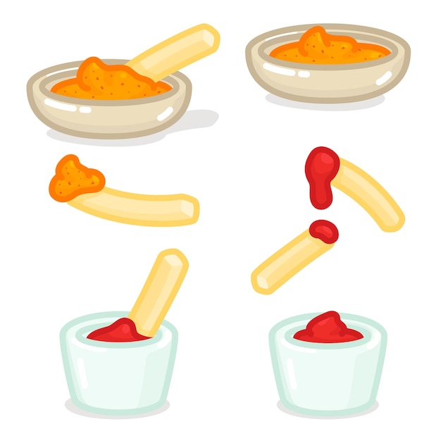 Vector patatas fritas bañadas en salsa de tomate catchup y salsa de chili kawaii doodle ilustración vectorial plana i