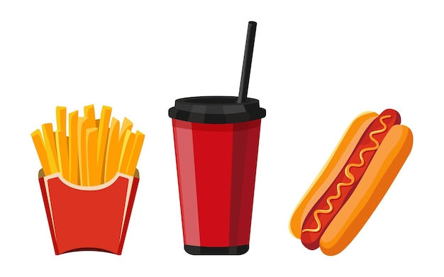 Patatas fritas, bebida gaseosa y perrito caliente Conjunto vectorial de comida rápida aislada sobre un fondo blanco
