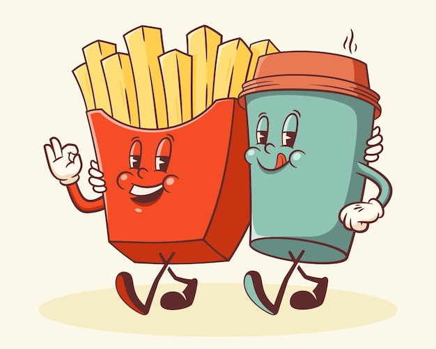 Patatas fritas y café retro Ilustración de personajes de dibujos animados Patata frita y taza de papel