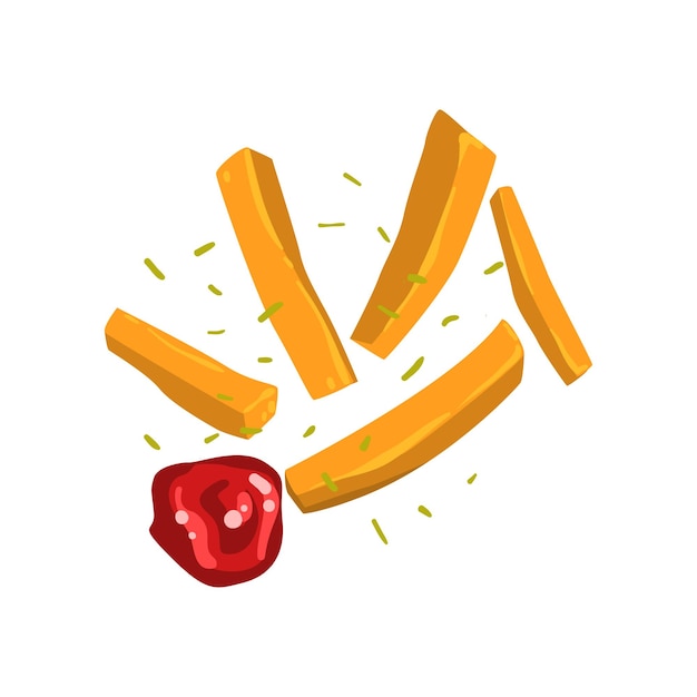 Patatas fritas con especias y ketchup Vector Ilustración aislada sobre un fondo blanco