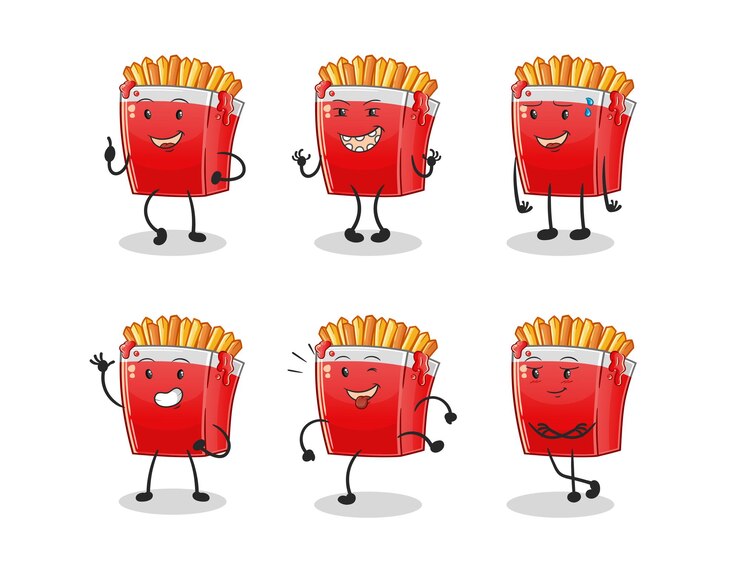 Vector patatas fritas feliz conjunto de caracteres. vector de mascota de dibujos animados