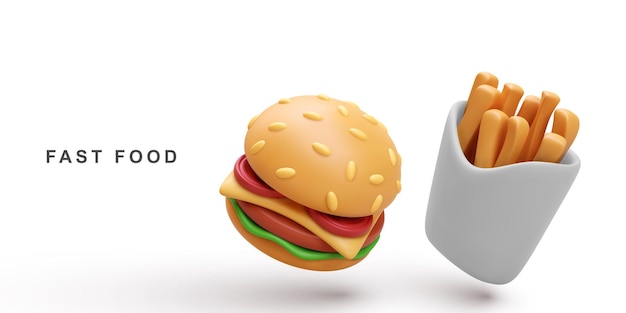 Vector patatas fritas y hamburguesas realistas en 3d