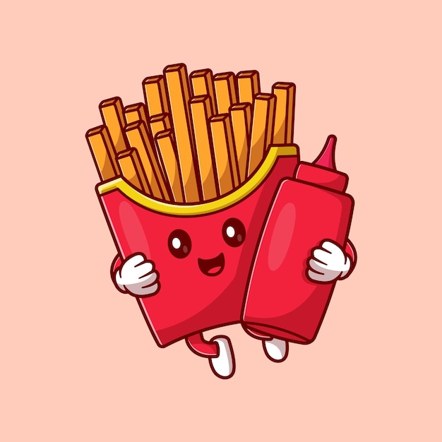 Vector patatas fritas lindas con salsa de ketchup icono vectorial de dibujos animados ilustración de comida icono de vacaciones aislado