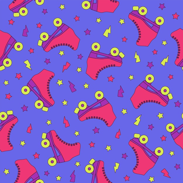 Patín sin costuras de patinaje de rodillos Neon de fondo vectorial retro de colores Estilo de dibujos animados impresión de moda para papel tapiz de tela papel de envoltura