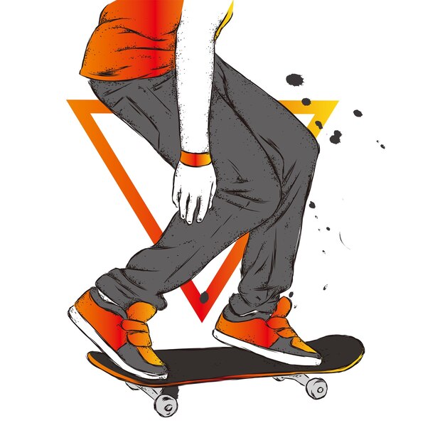 Vector patinador elegante en vaqueros y zapatillas de deporte skateboard ilustración vectorial para una tarjeta postal o un cartel