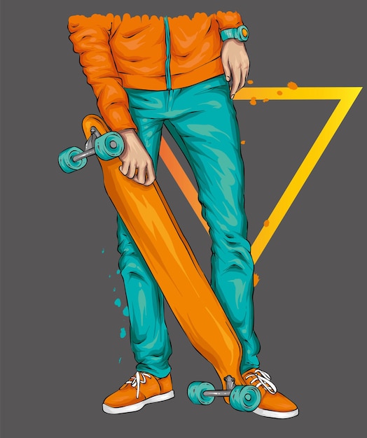 Vector patinador en jeans y con una patineta