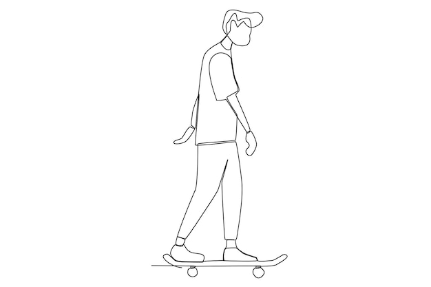 Un patinador practicando el movimiento básico de la patineta en el skatepark one line art