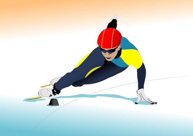 Patinador de velocidad de pista corta que utiliza una técnica específica de curva tocando el hielo con la mano para el equilibrio y la estabilidad durante la carrera de alta velocidad