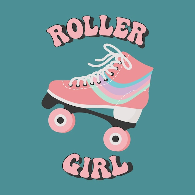 Patinaje de ruedas rosa con arco iris y letras Roller girl Ilustración de icono retro