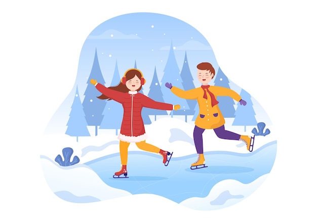 Patinaje sobre hielo dibujos animados dibujados a mano ilustración plana de la diversión de invierno actividades deportivas al aire libre en la pista de hielo