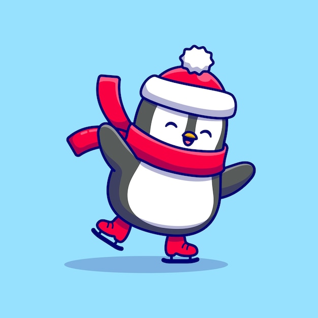 Patinaje sobre hielo lindo pingüino con personaje de dibujos animados de bufanda. Deporte animal aislado.