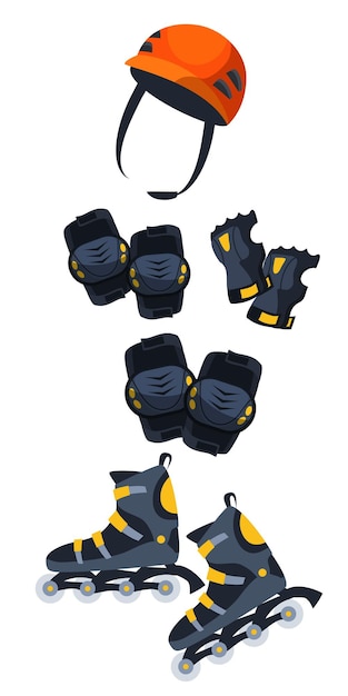 Patinaje sobre ruedas y equipo de protección derby aislado sobre fondo blanco Casco rodilleras y coderas