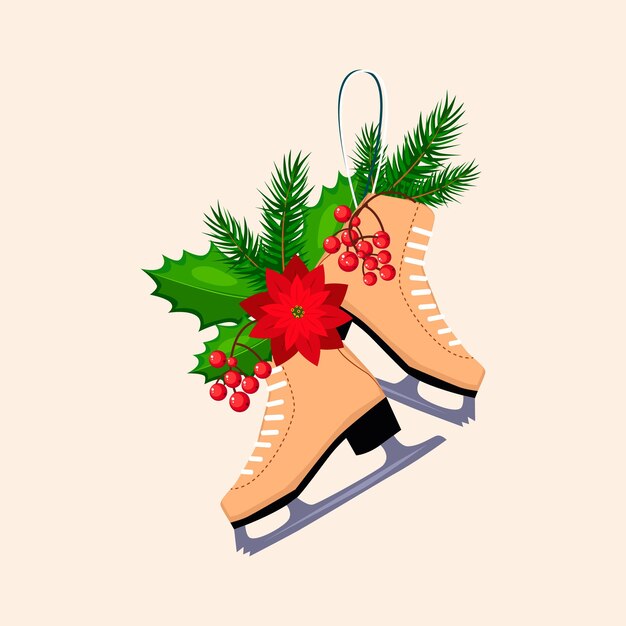 Patines de Navidad con abeto, bayas y poinsettia. Ilustración vectorial de vacaciones