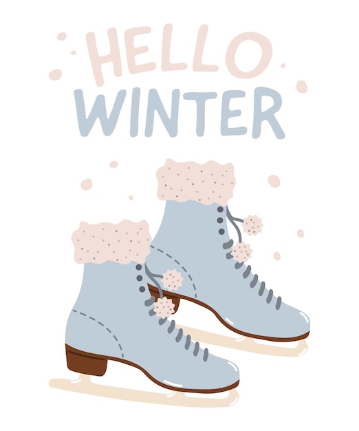 Patines de patinaje artístico con letras de hello invierno vector de diseño plano