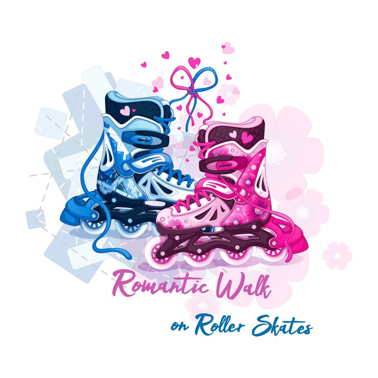 Vector patines de ruedas para hombre y para mujer atados románticamente.